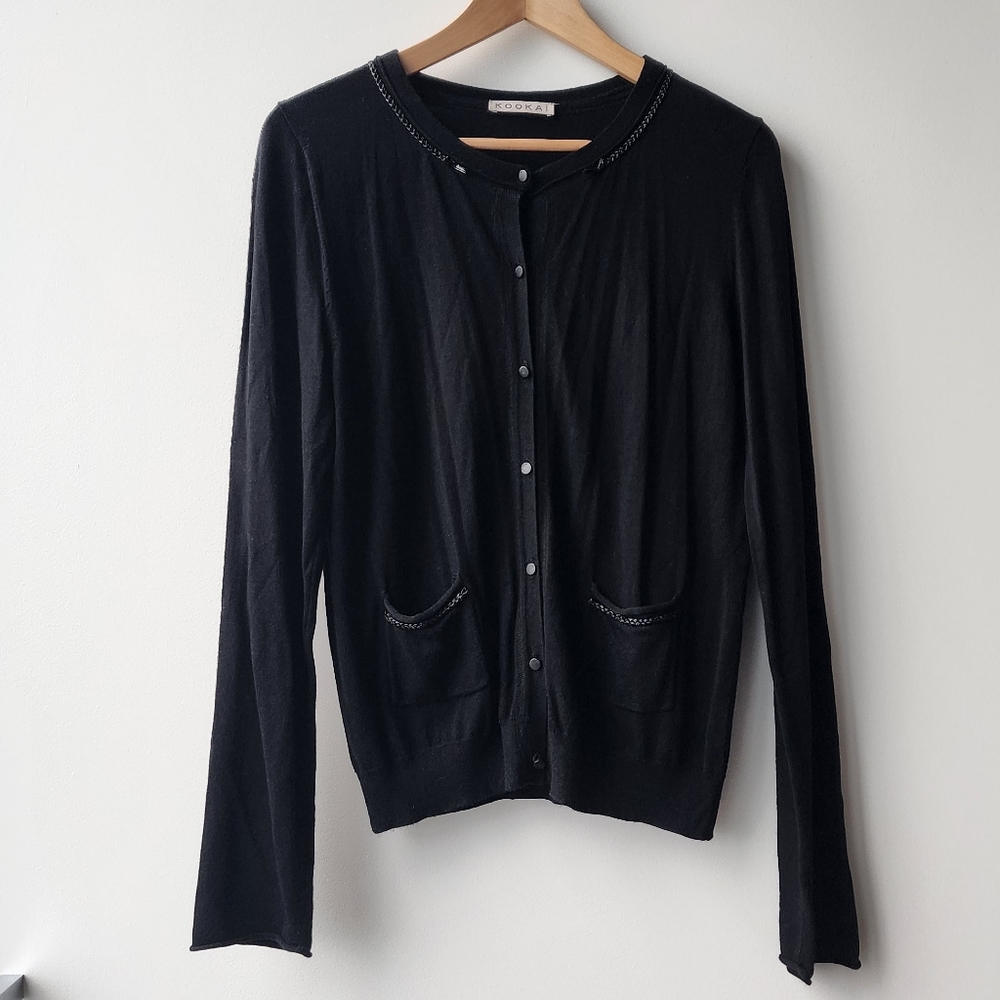 Kookai Braided Trim Fine Knit Button Up Cardigan
